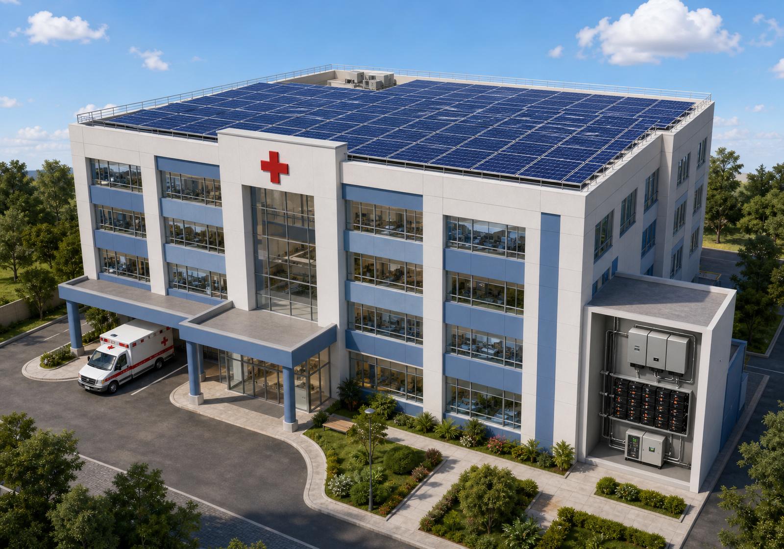 Isometric 3D render of a hybrid solar hospital with rooftop panels, ambulance bay, industrial inverter and battery bank