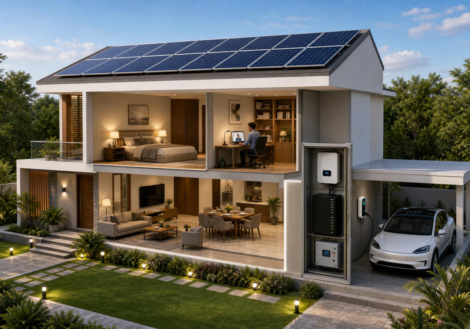 Isometric 3D render of a hybrid solar home with rooftop panels, EV charger, inverter, battery and net meter