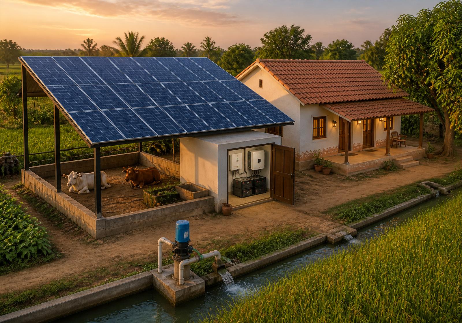 Isometric 3D illustration of an off-grid solar farmhouse with cattle-shelter mounted solar array, battery bank, off-grid inverter and solar water pump