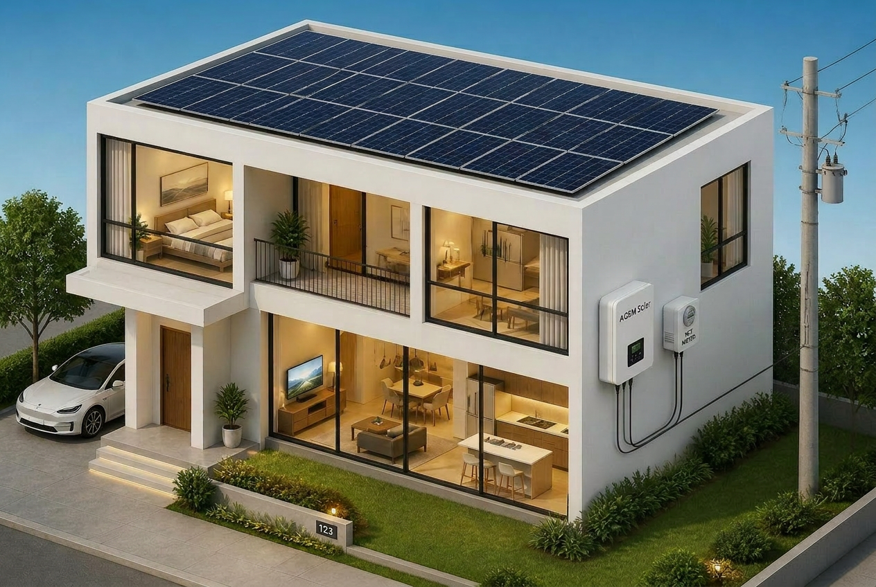 Isometric 3D illustration of an on-grid solar-powered home with rooftop panels, wall-mounted inverter and utility pole with net meter